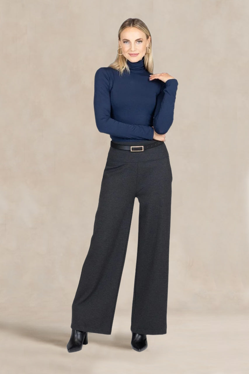 HIGH WAIST WIDE LEG PANT: CHARCOAL PONTE