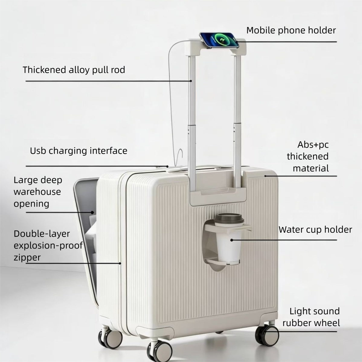 20-Inch Carry-On Suitcase with Side Opening, Cup Holder, USB Port & Combination Lock