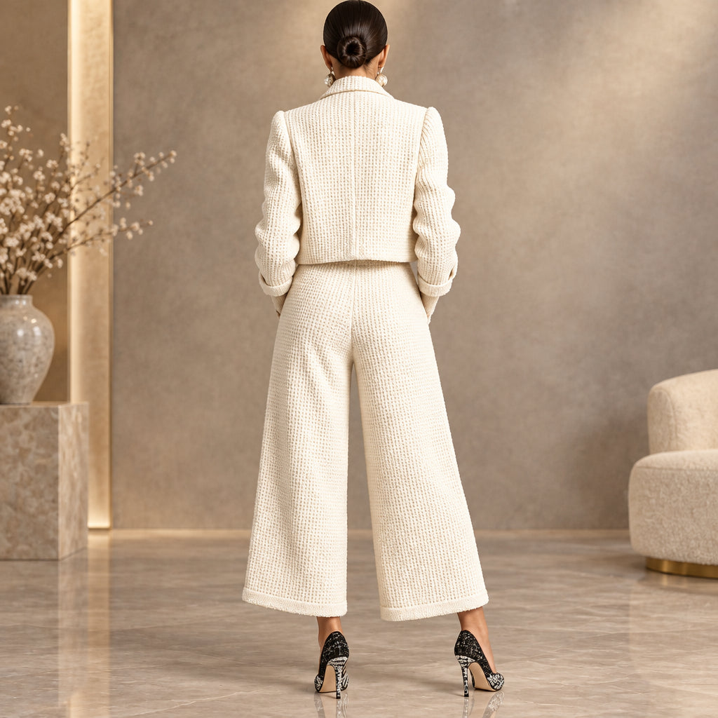 Women's Textured Cropped Jacket & Wide-Leg Pants Set