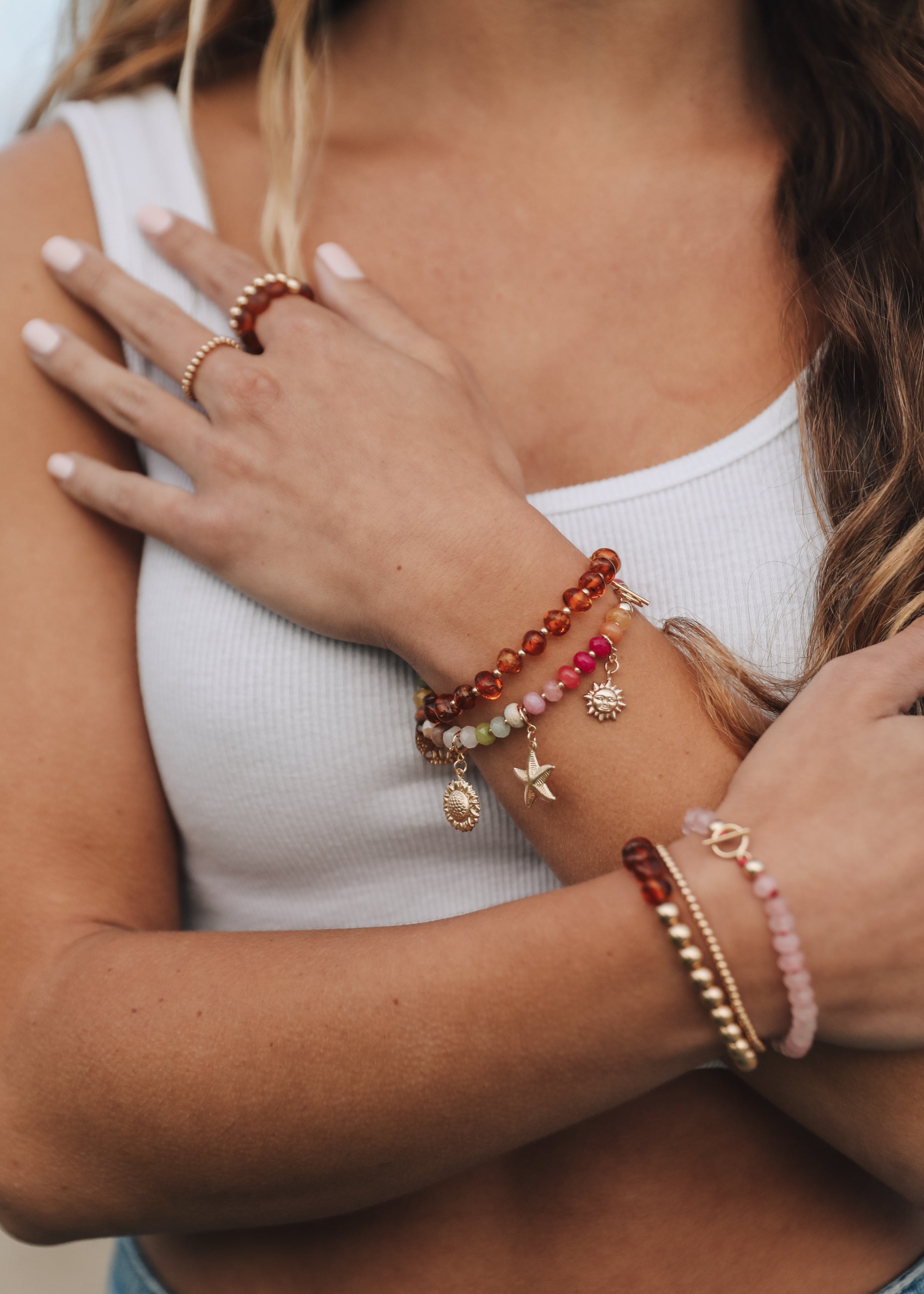 Baltic Sea Amber : 14k Gold Filled Beaded Sun + Moon || Adult Bracelets