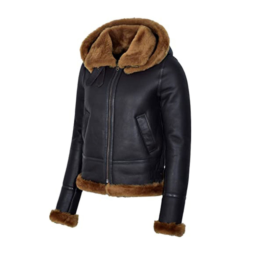 Women's Black Hooded B3 Flying Shearling Jacket