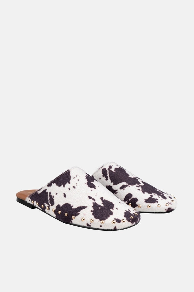 JELAVU Serena Studded Flat Mule in Black & White Cow Print - image 2