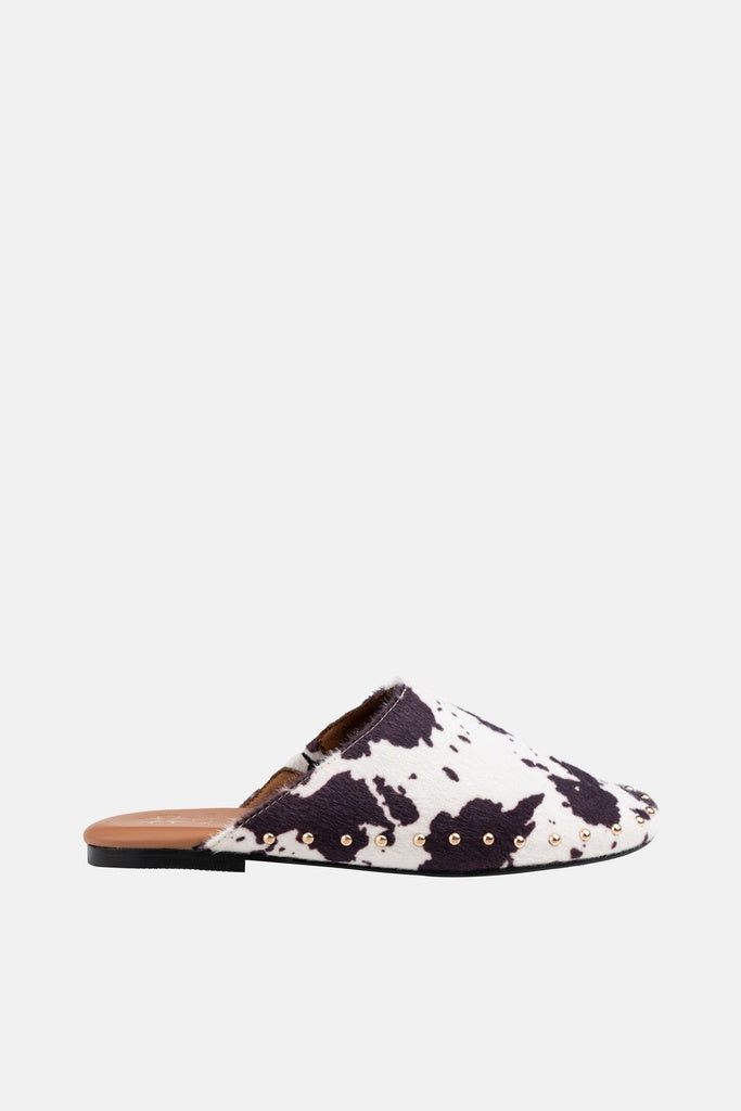 JELAVU Serena Studded Flat Mule in Black & White Cow Print - image 1