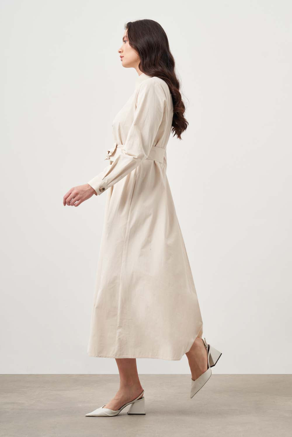Mizalle -Button Up Belted Dress-Beige