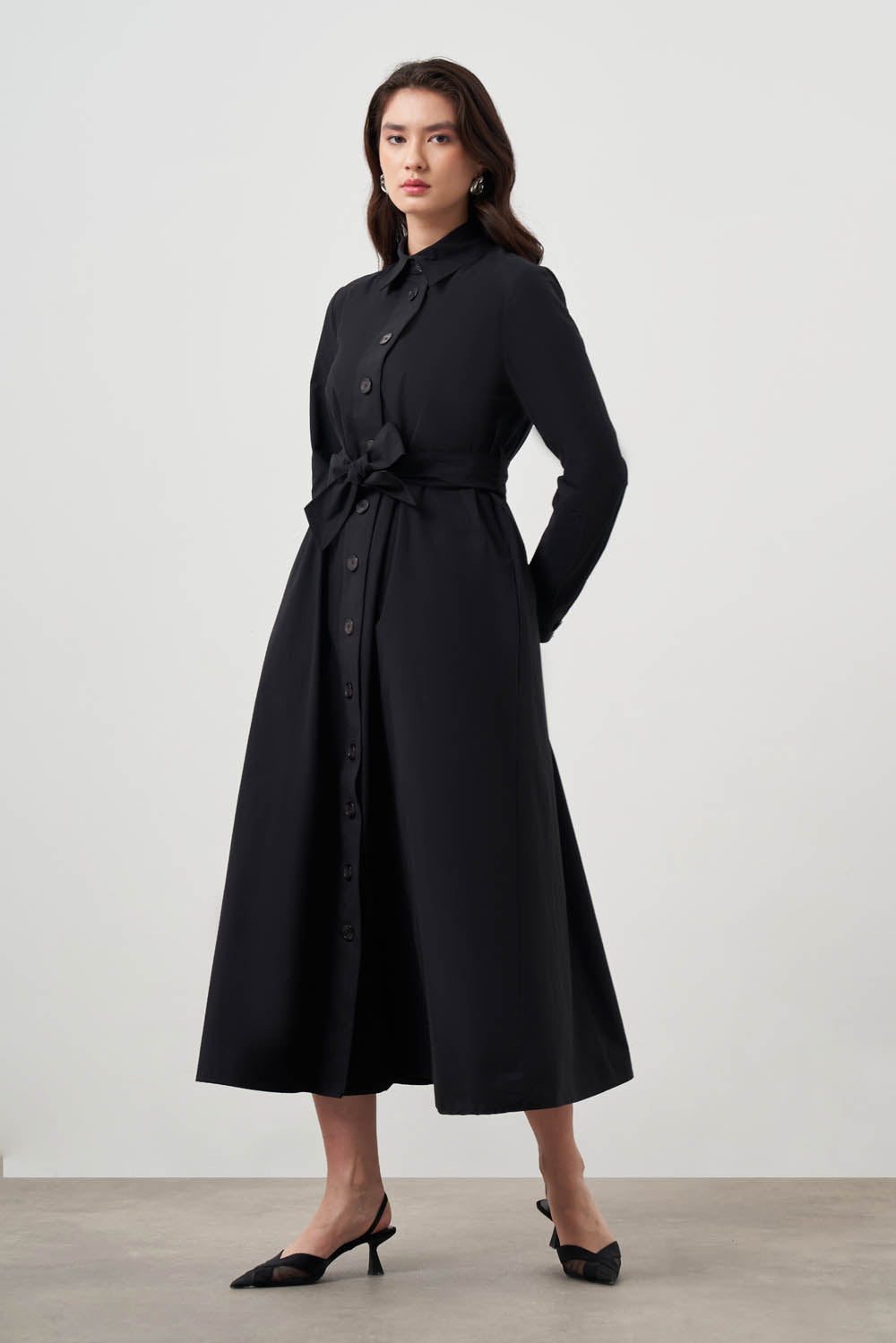 Mizalle Button Up Belted Dress Black Apparel