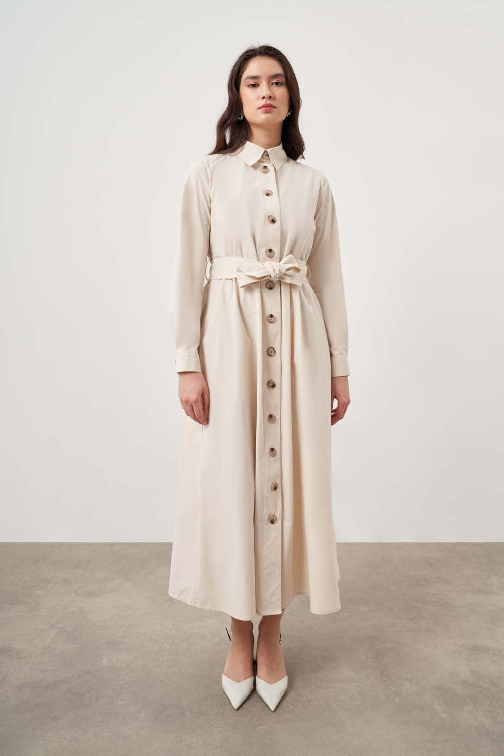 Mizalle -Button Up Belted Dress-Beige