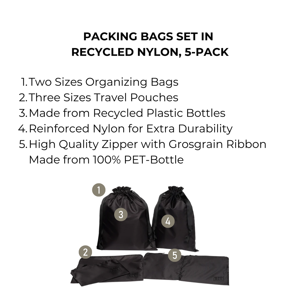 Packing Bags Set – Recycled Nylon – 5-pack – Black