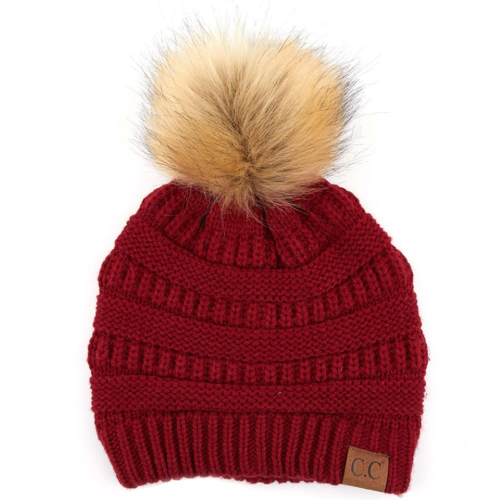 C.C Solid Ribbed Knit Beanie with Pom