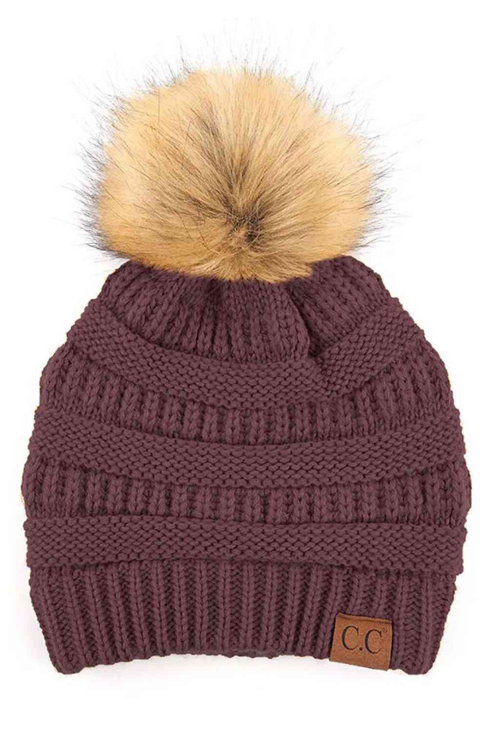 C.C Solid Ribbed Knit Beanie with Pom