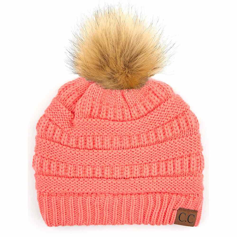 C.C Solid Ribbed Knit Beanie with Pom