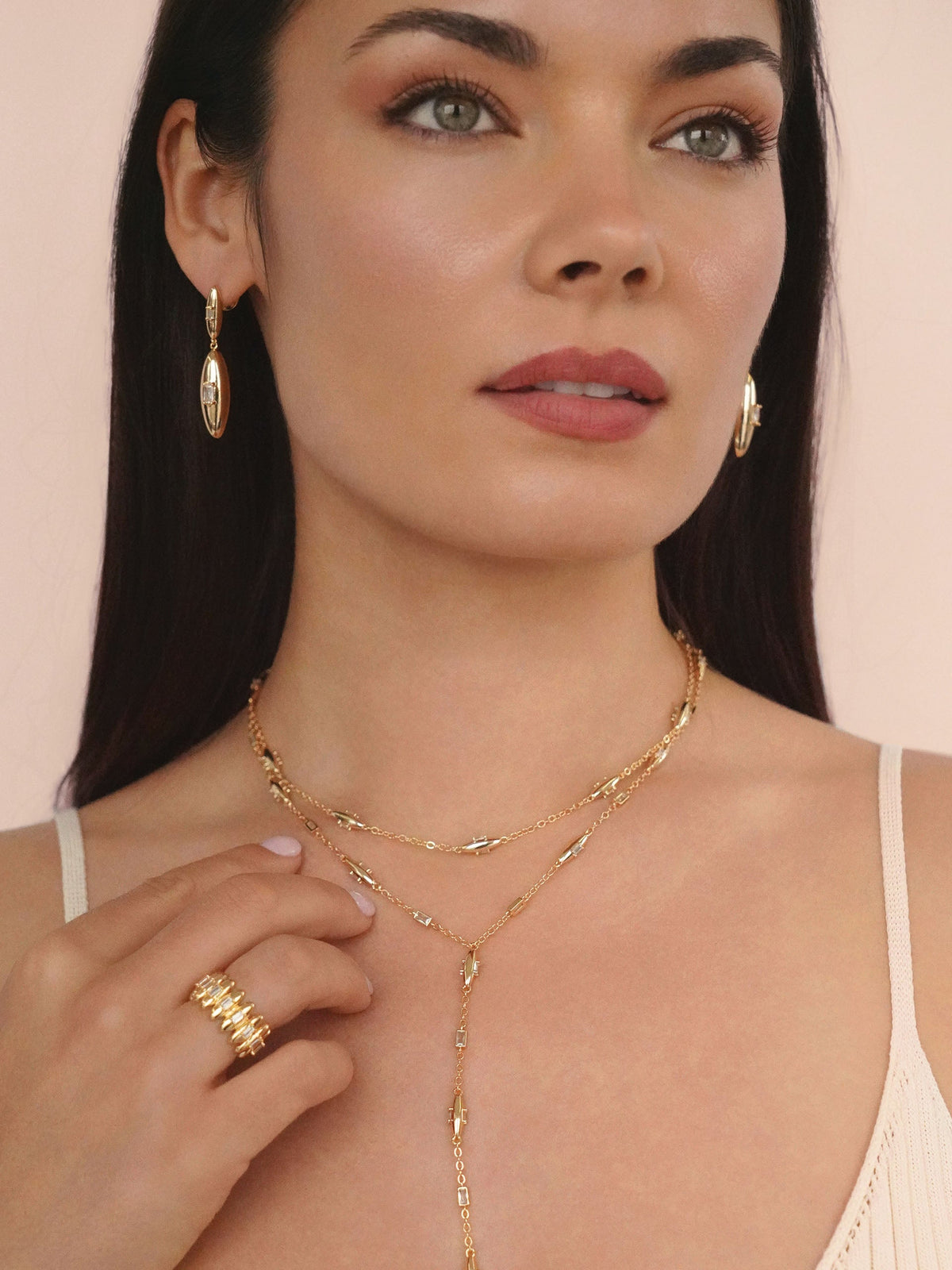 Oval Dome Double Drop Earrings