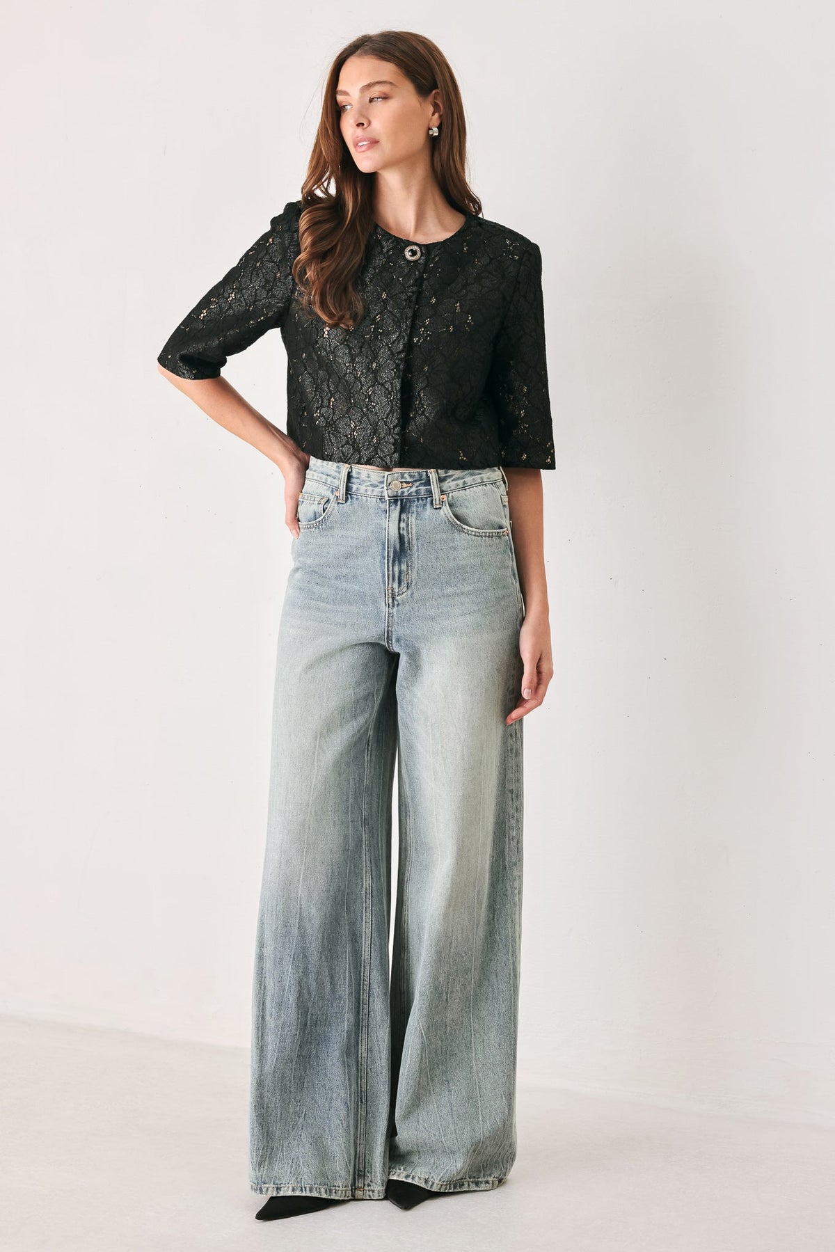 NOIR LACE AFFAIR BLACK/NUDE JEWEL-BUTTON CROPPED JACKET