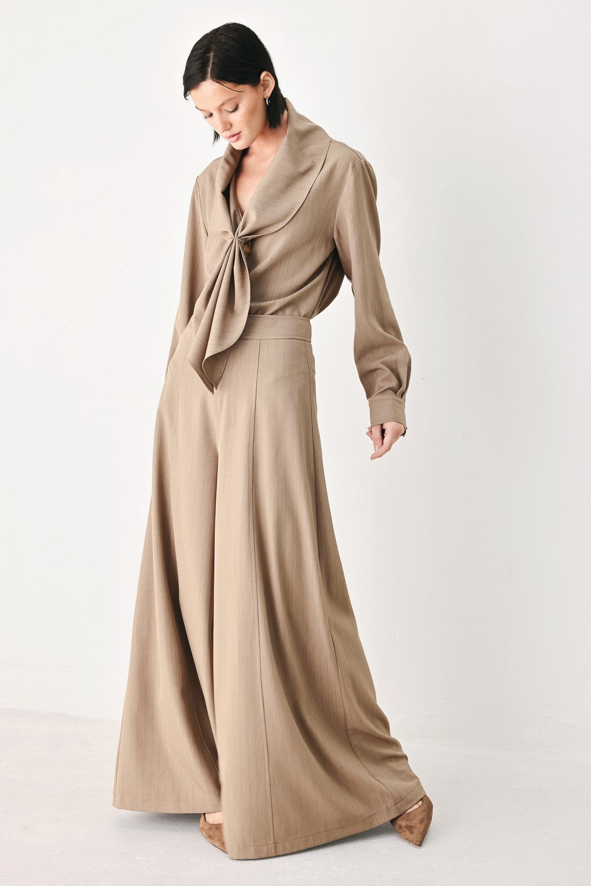 MOCHA MOMENT PINSTRIPE WIDE LEG PANTS