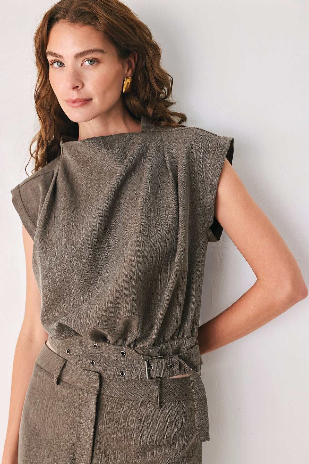 TAILORED TEMPO BROWN FUNNEL-NECK BELTED TOP