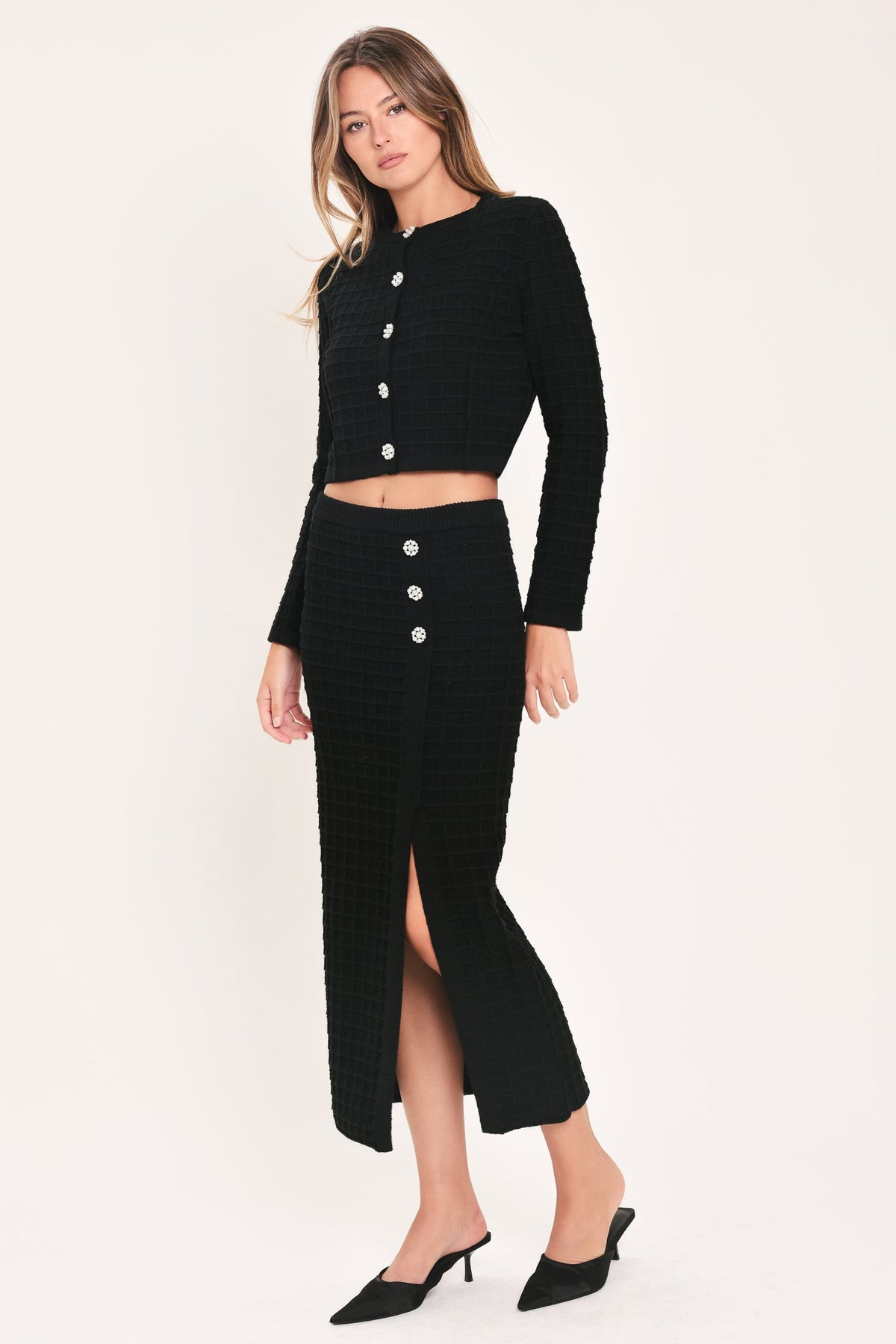 POLISHED MOMENT BLACK JEWEL-BUTTON CROPPED SWEATER TOP