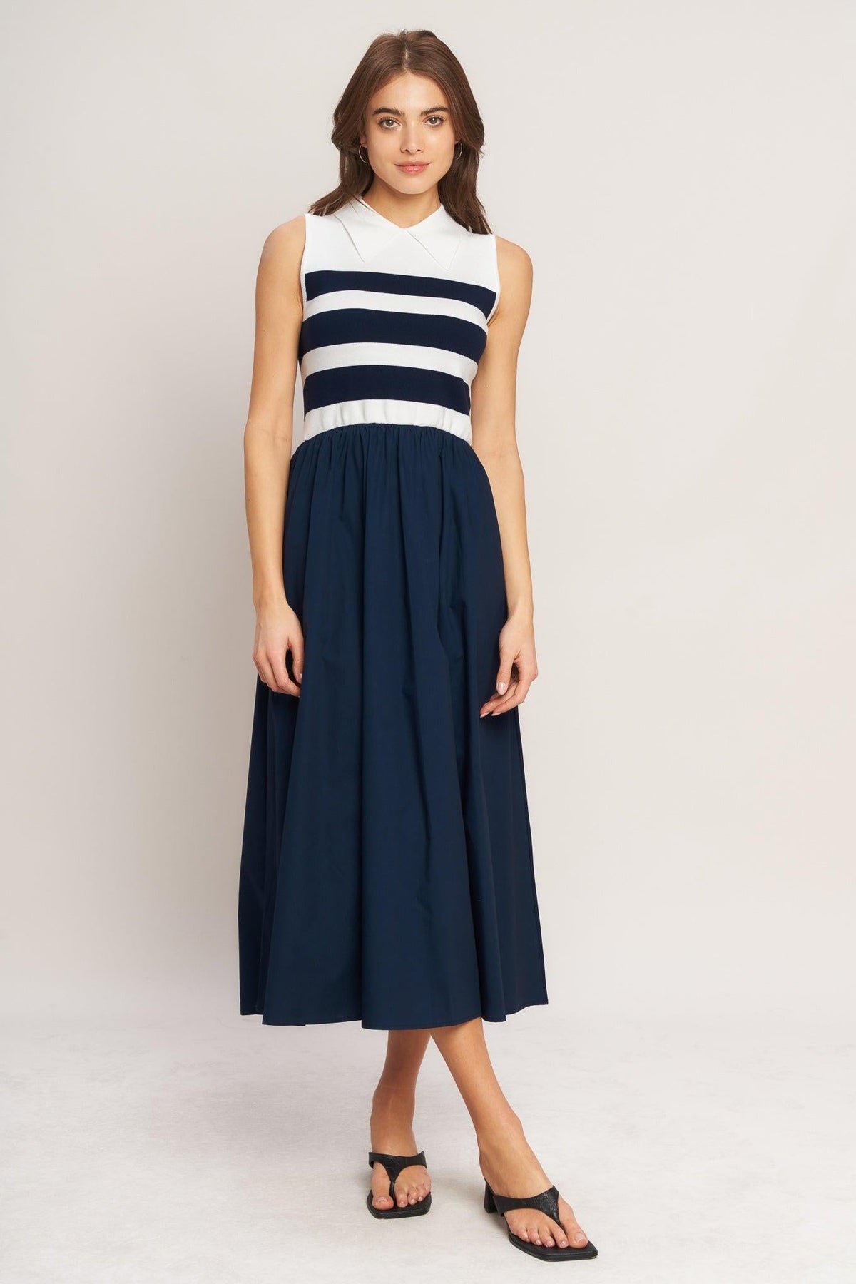 STRIPE ELEGANCE SWEATER WOVEN MIDI DRESS