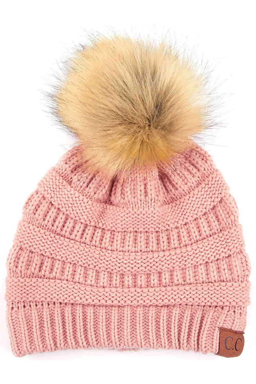 C.C Solid Ribbed Knit Beanie with Pom