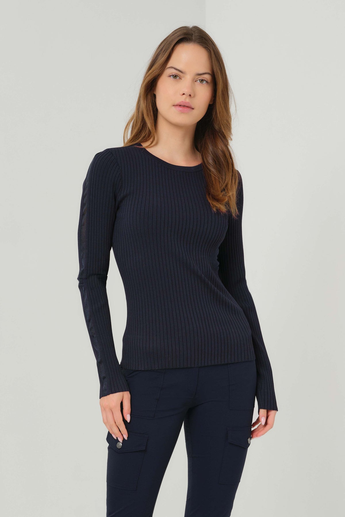 Lia Rib Sweater with Sheer Mesh Stripe
