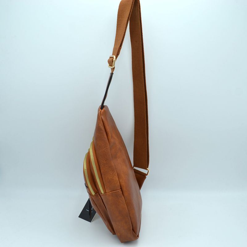 Grained Sling Bag with Perforated Accent and Gold Zippers