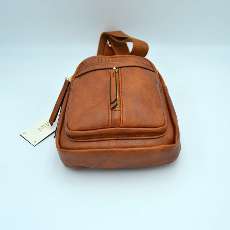 Grained Sling Bag with Perforated Accent and Gold Zippers