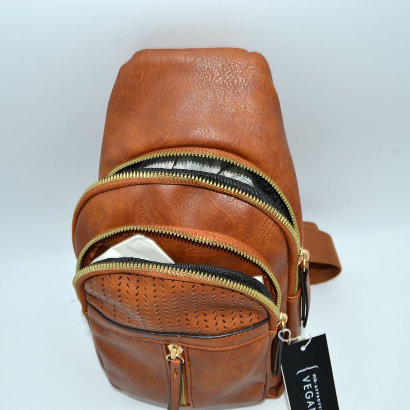 Grained Sling Bag with Perforated Accent and Gold Zippers