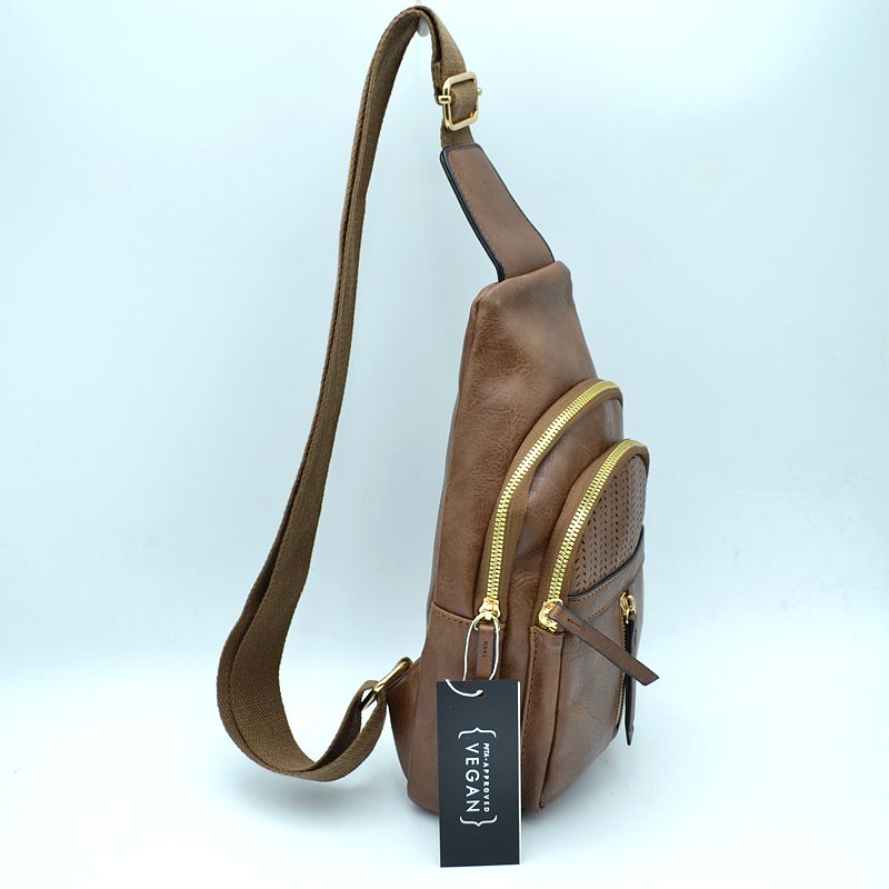 Grained Sling Bag with Perforated Accent and Gold Zippers