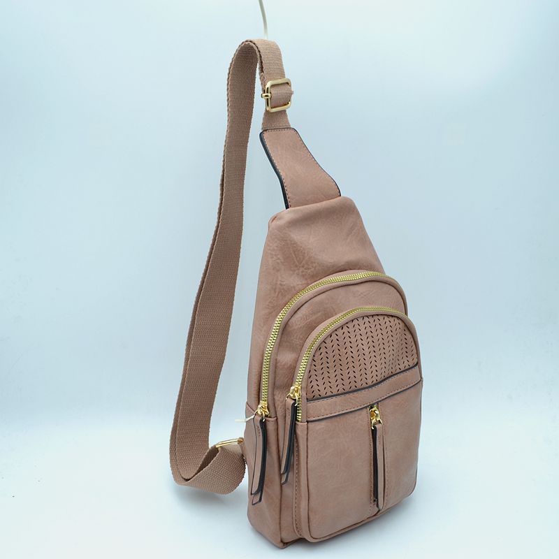 Grained Sling Bag with Perforated Accent and Gold Zippers