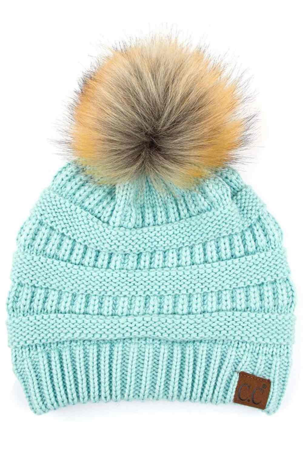 C.C Solid Ribbed Knit Beanie with Pom