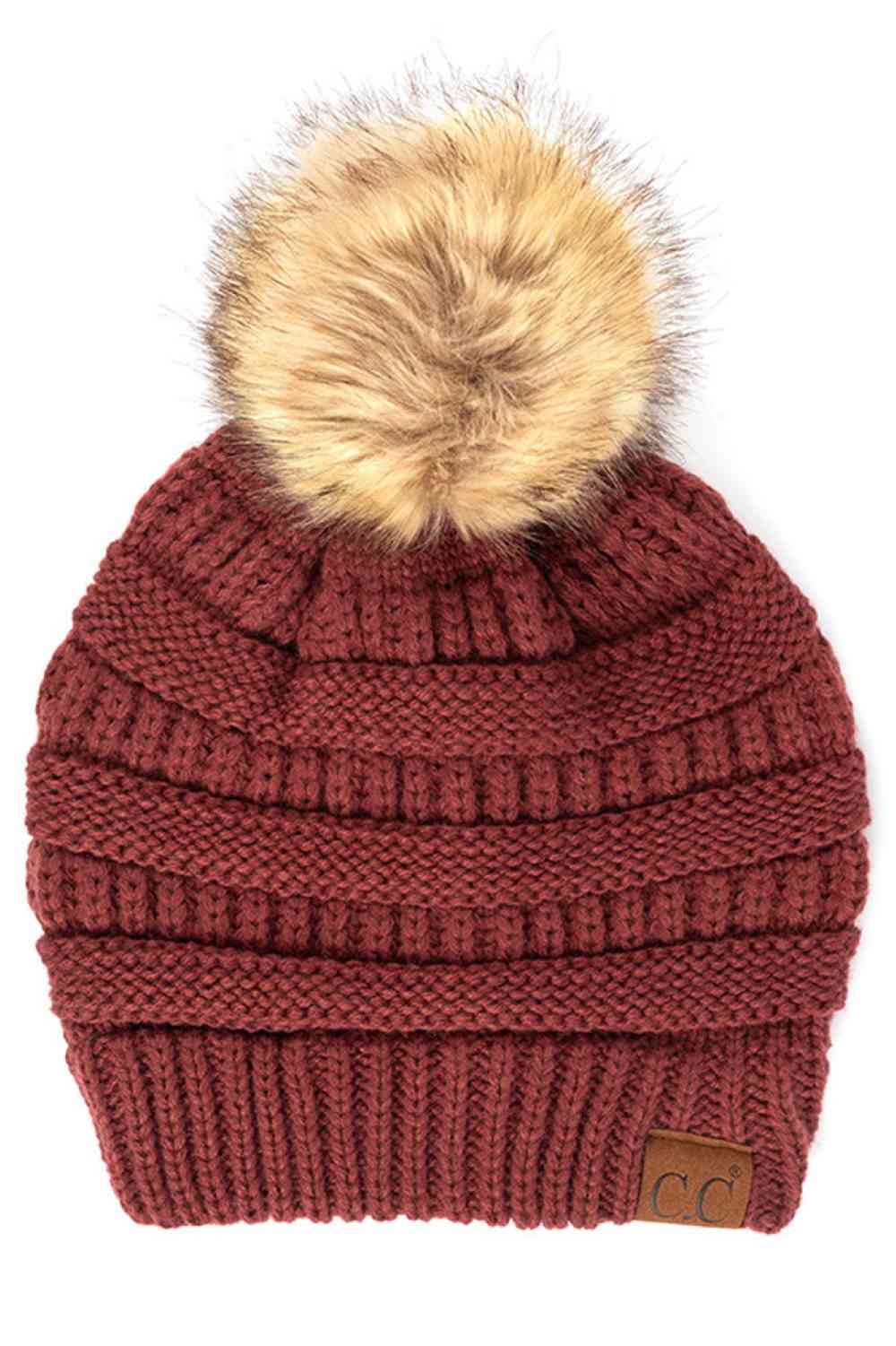 C.C Solid Ribbed Knit Beanie with Pom