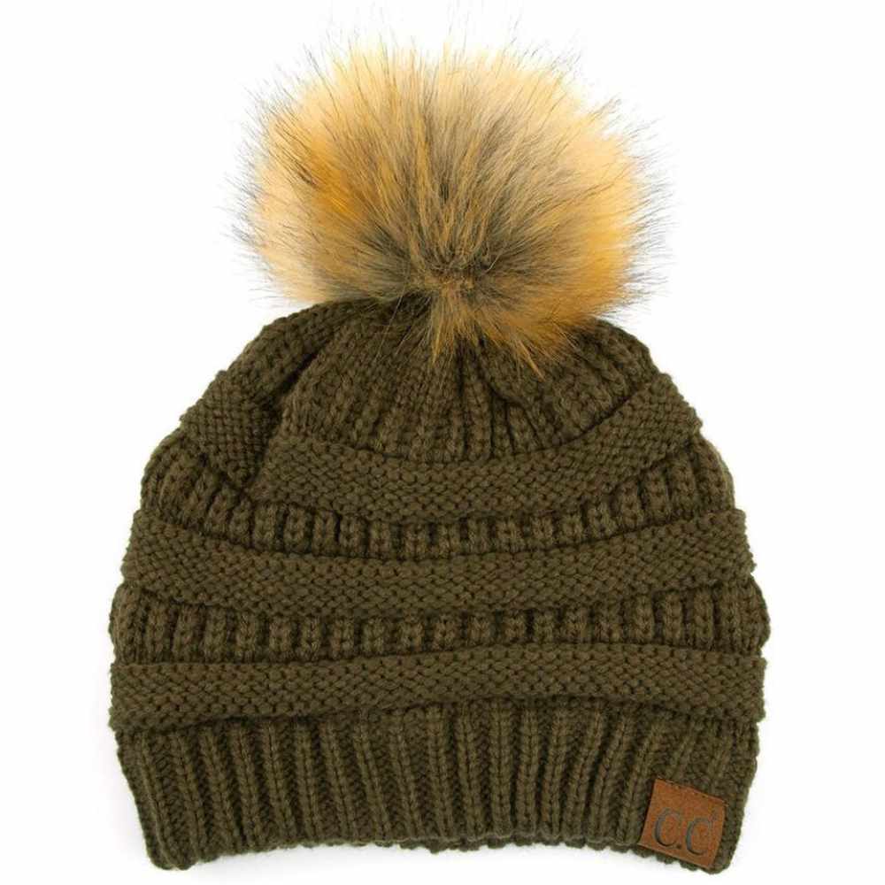C.C Solid Ribbed Knit Beanie with Pom