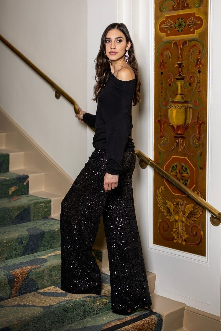 LILIAN DRAPED SWEATER: BLACK