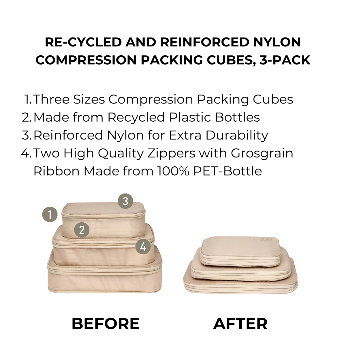 Compression Packing Cubes – Recycled Nylon – 3-pack – Taupe