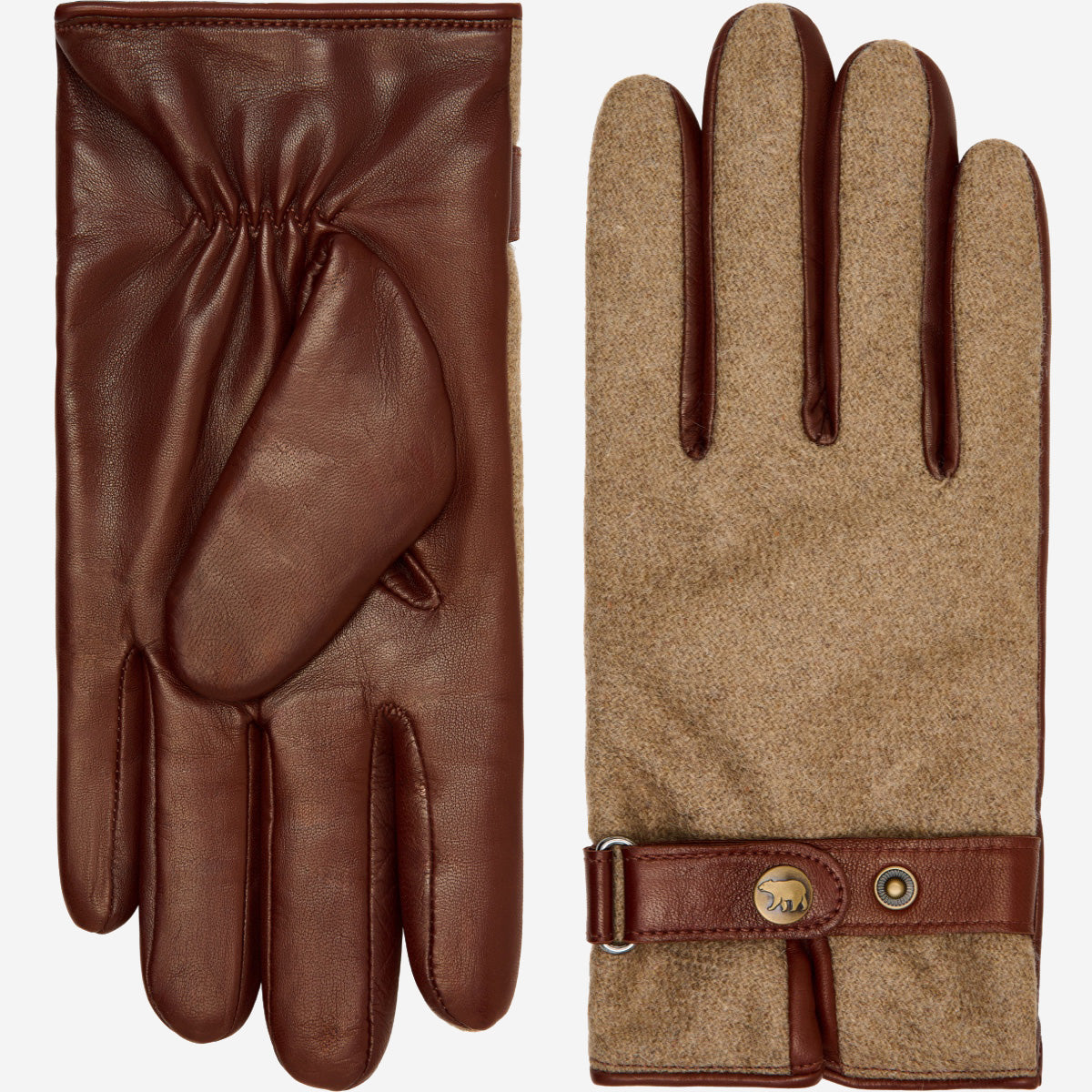 Violetta (brown) - Italian tweed women's gloves with touchscreen capability and adjustable snap button