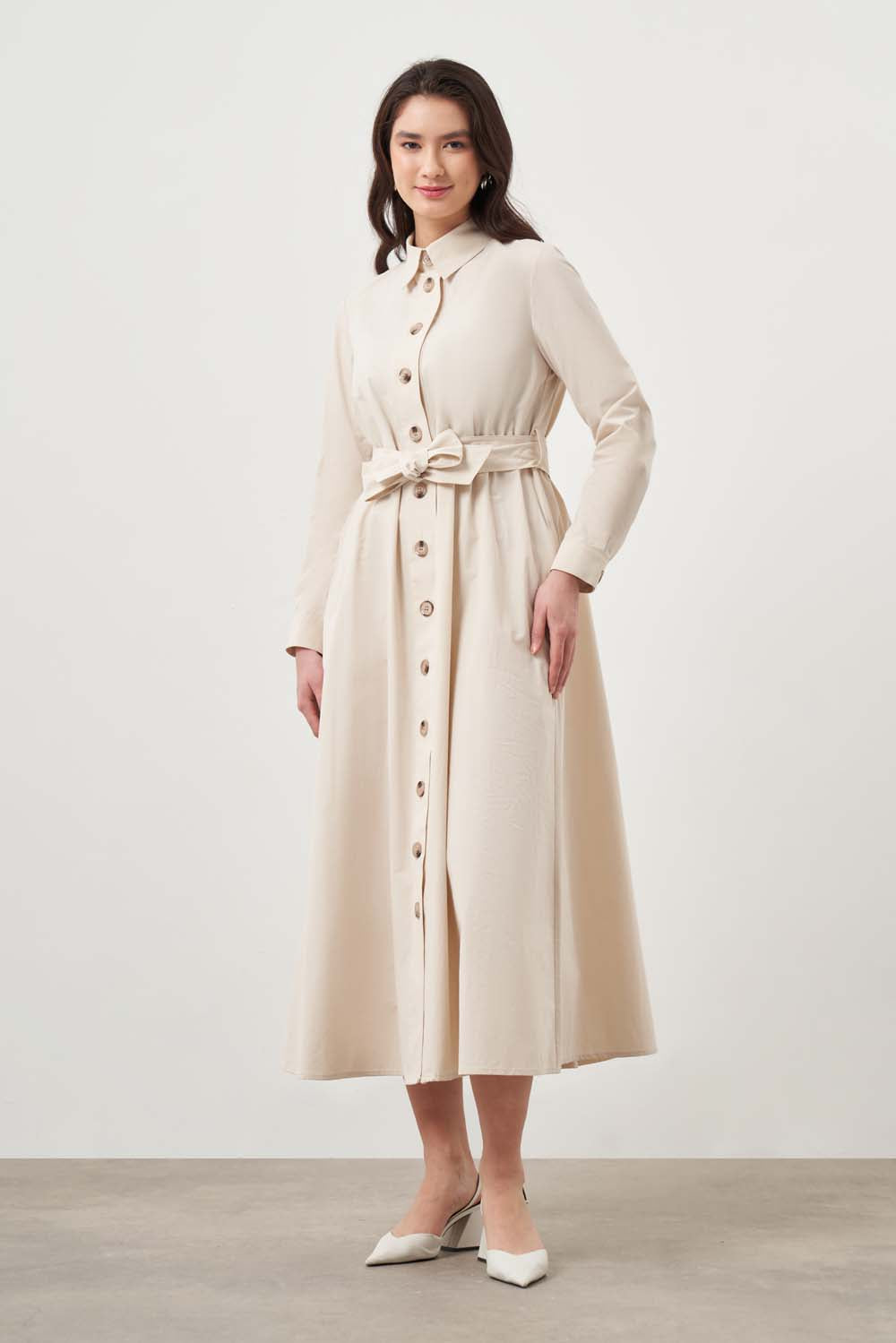 Mizalle -Button Up Belted Dress-Beige
