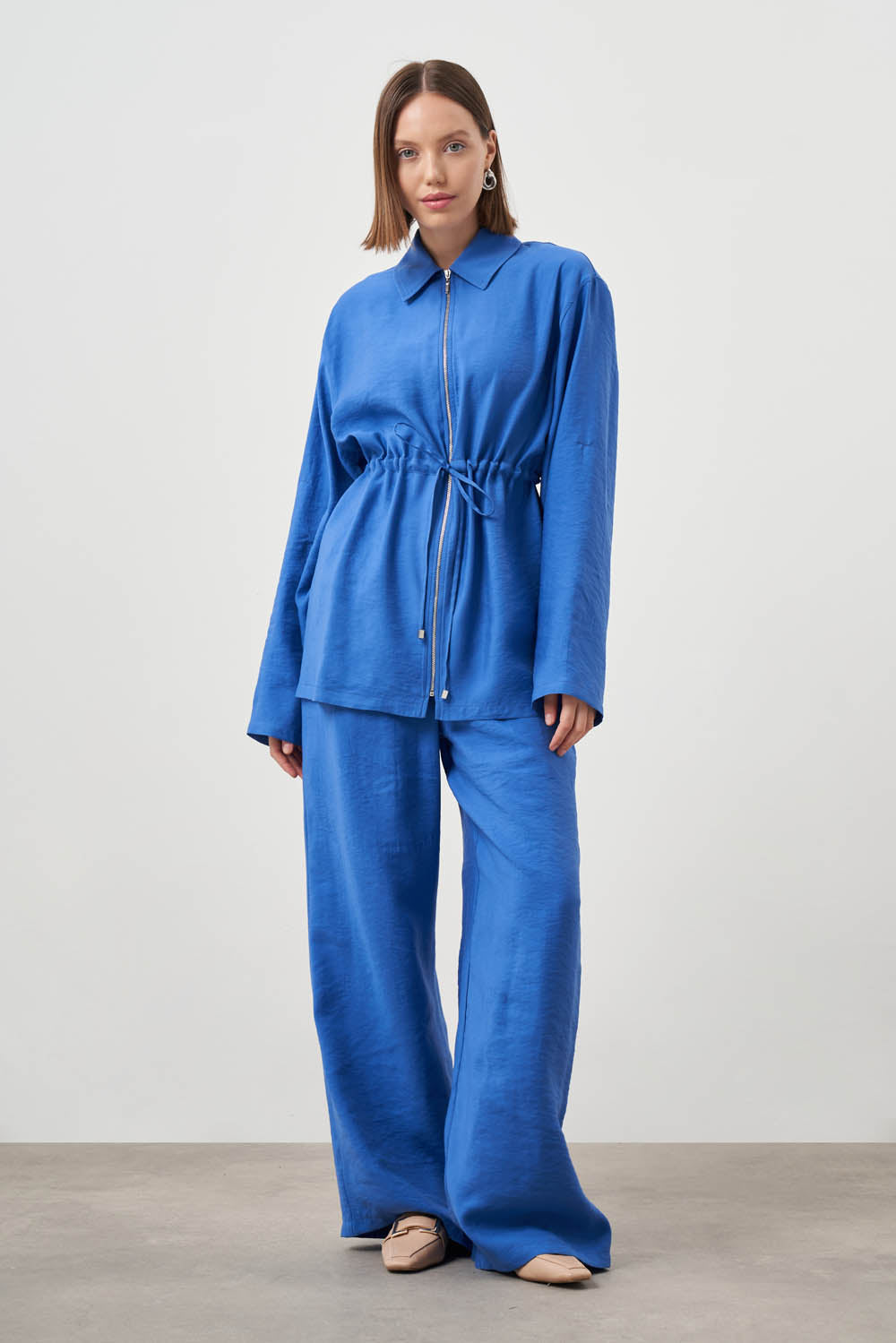 Mizalle Cinched Waist Shirt Jacket Blue