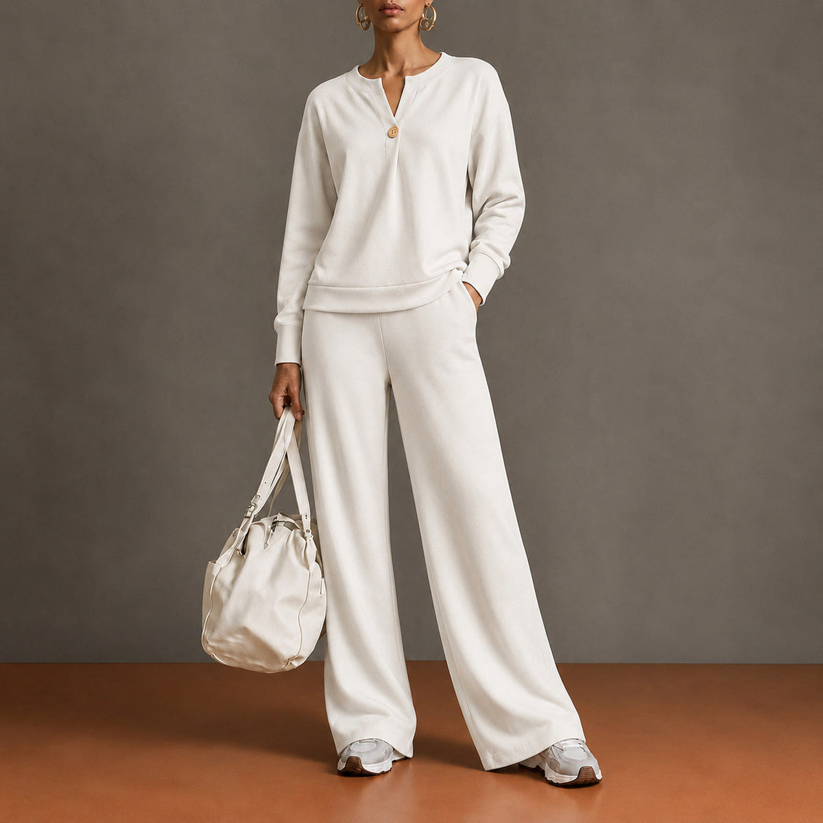 Women's Single-Button Split-Neck Sweatshirt & Wide-Leg Pants Set