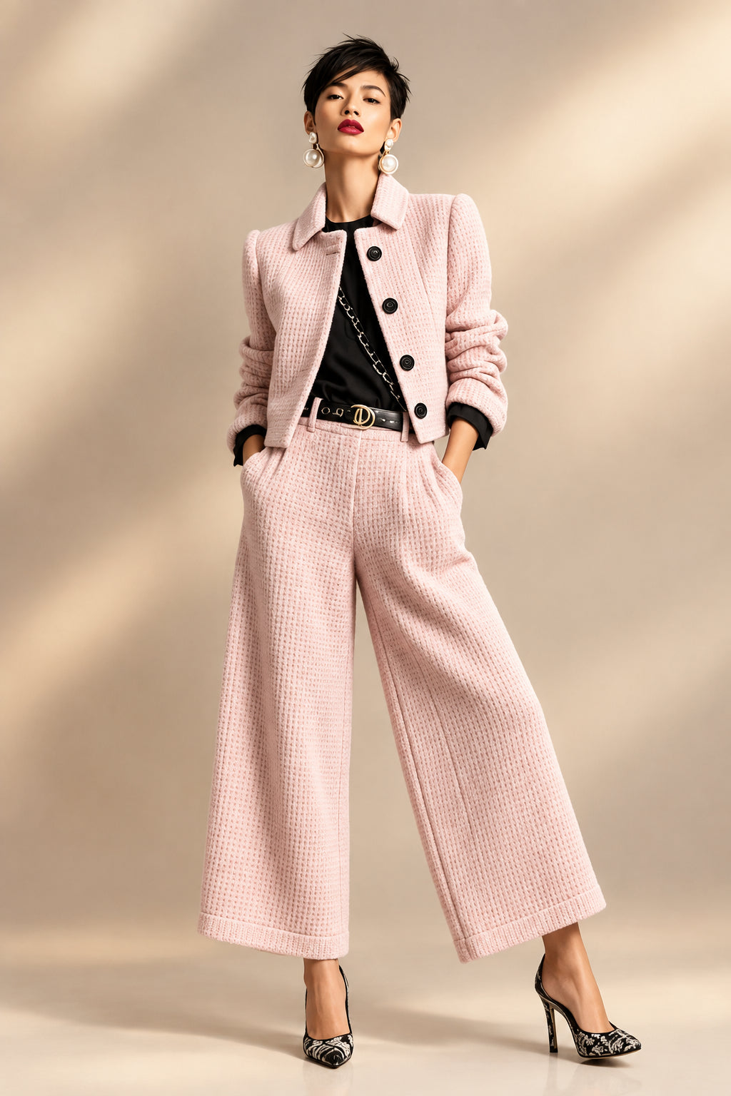 Women's Textured Cropped Jacket & Wide-Leg Pants Set