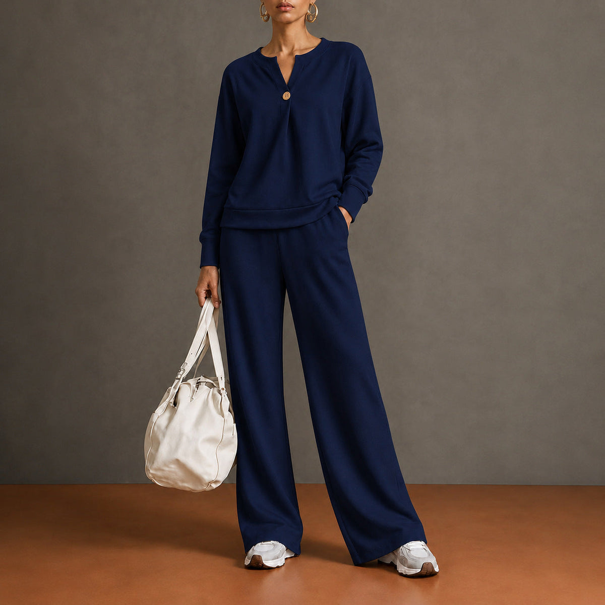 Women's Single-Button Split-Neck Sweatshirt & Wide-Leg Pants Set