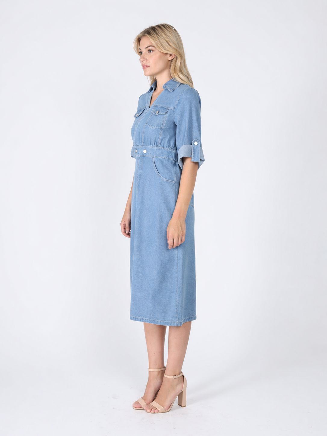 Gracia Fashion Women's Denim Collar V-Neck Dress