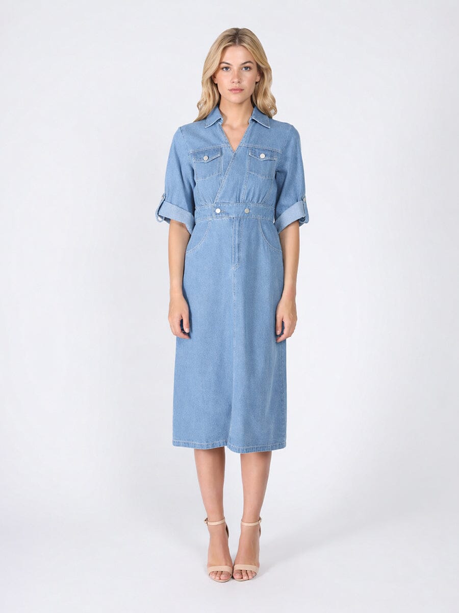 Gracia Fashion Women's Denim Collar V-Neck Dress