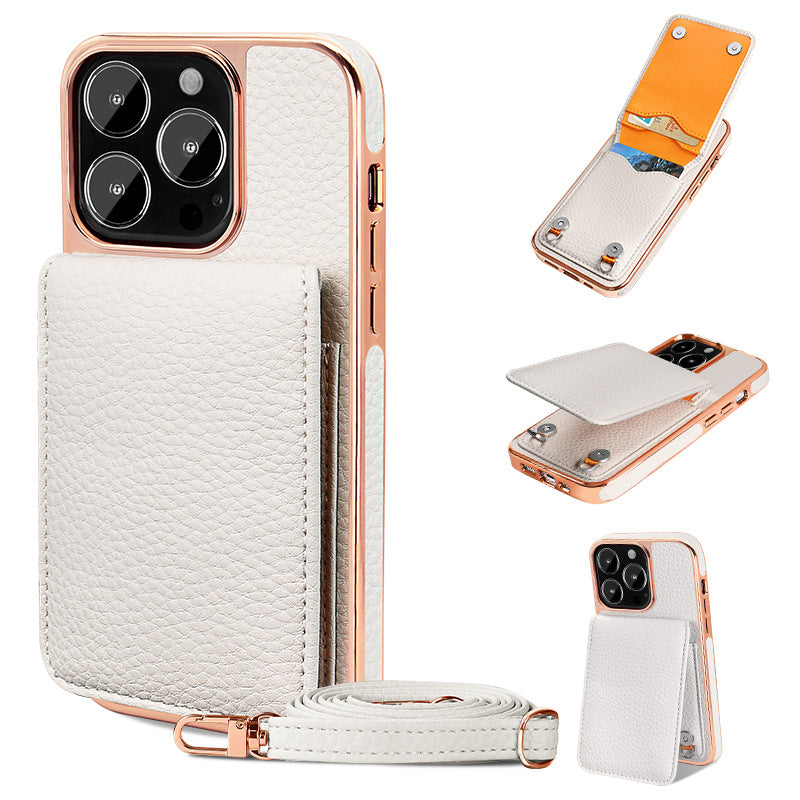 iPhone 14 Case with Wallet & Lanyard – Lychee-Textured Finish