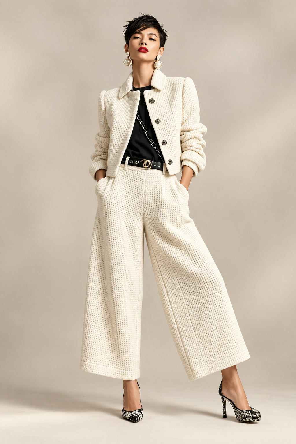 Women's Textured Cropped Jacket & Wide-Leg Pants Set