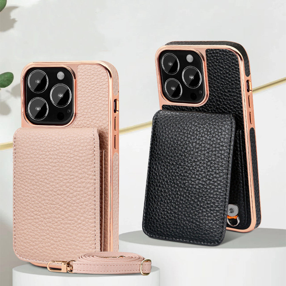 iPhone 14 Case with Wallet & Lanyard – Lychee-Textured Finish