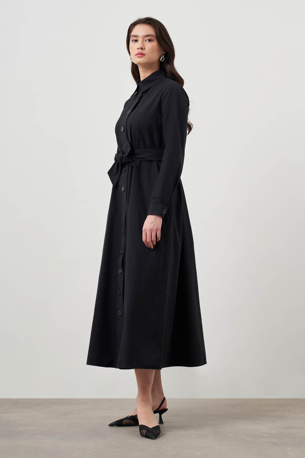 Mizalle Button Up Belted Dress Black Apparel