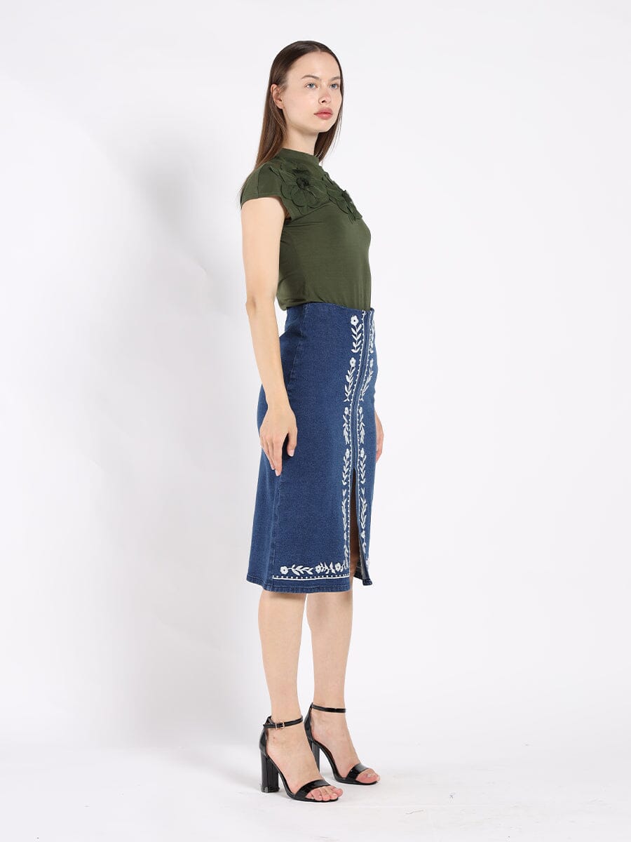 Gracia Fashion Women's Flower Applique Mock Neck Cap Sleeve Top