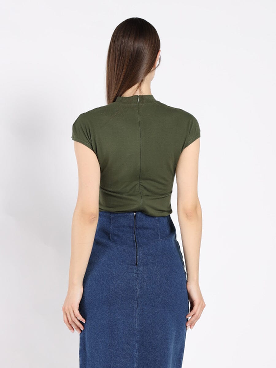Gracia Fashion Women's Flower Applique Mock Neck Cap Sleeve Top