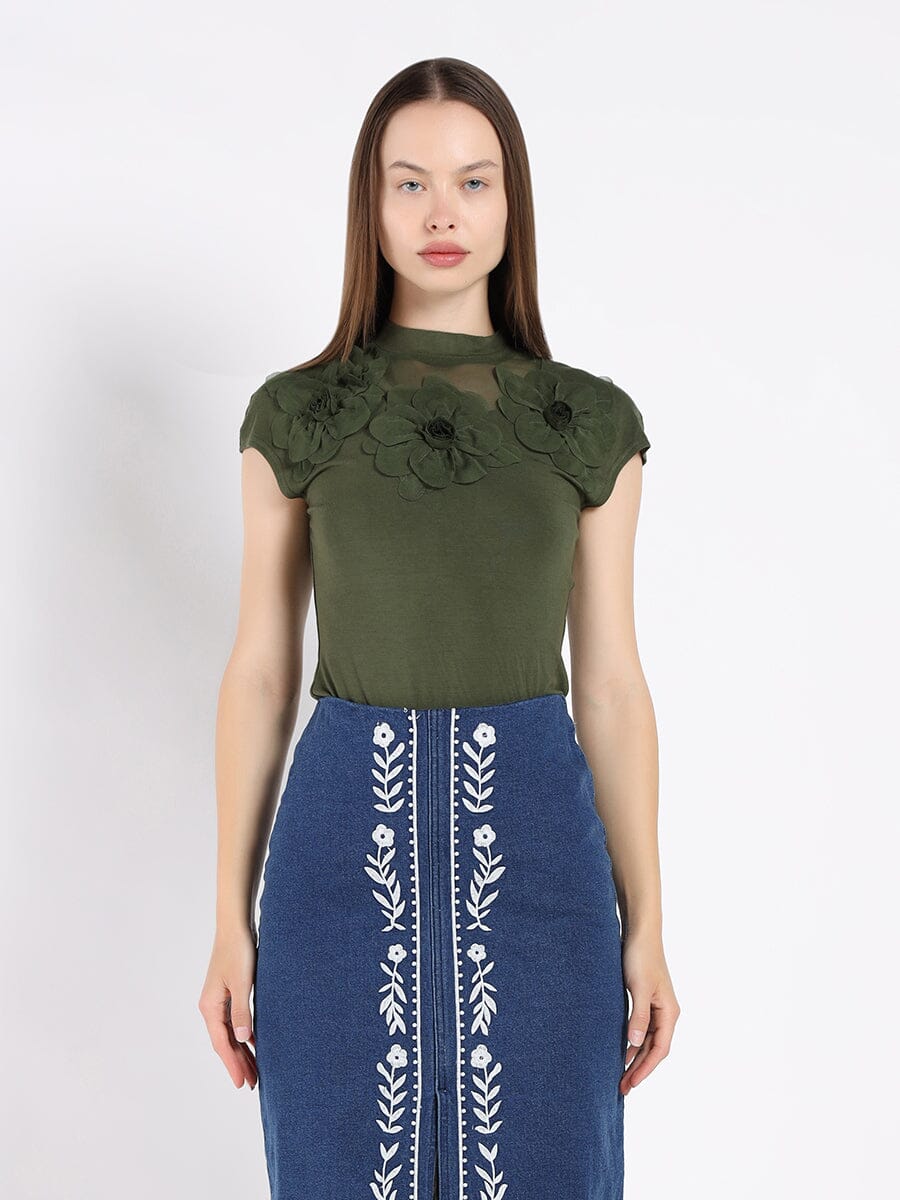 Gracia Fashion Women's Flower Applique Mock Neck Cap Sleeve Top