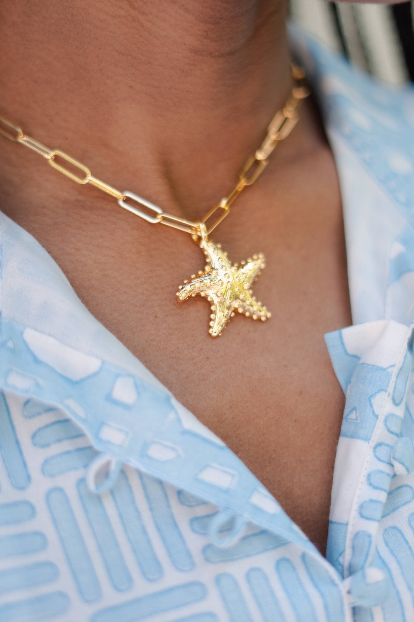 Gold Puffy Starfish Charm Necklace - 18k Gold Plated