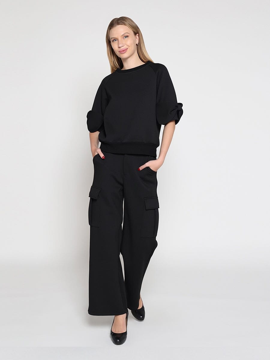 Gracia Fashion Women's Bow detail sleeve round neck solid top