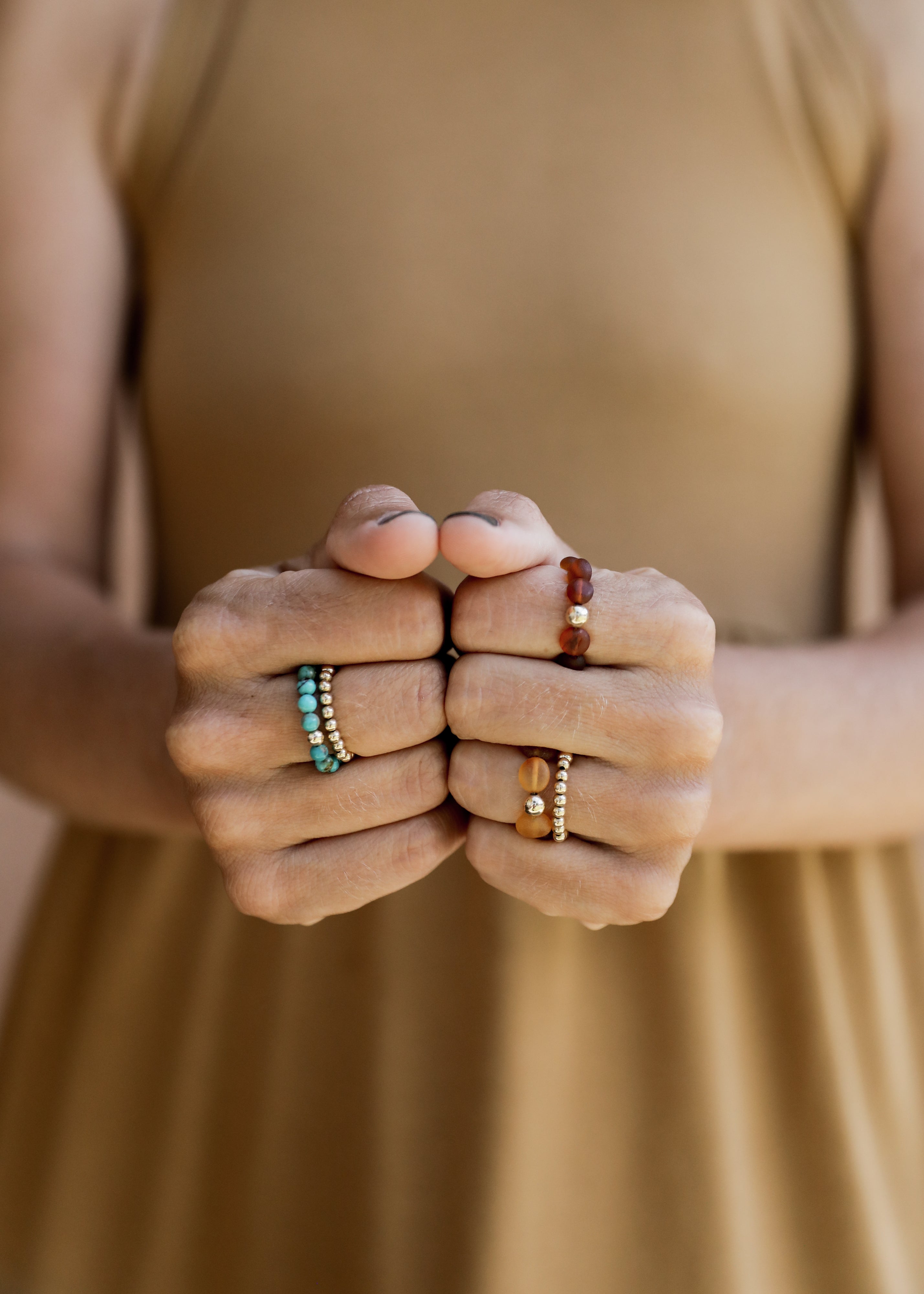 Raw Cognac Baltic Amber + 14K Gold Filled || Beaded Stretch Ring